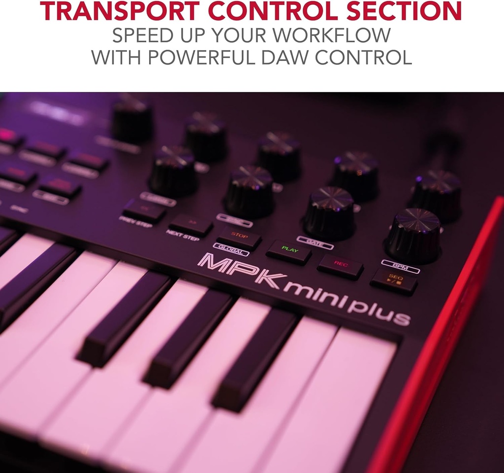 Akai Professional MPK Mini Plus - Controlador de teclado MIDI USB con 37 mini teclas, 8 almohadillas MPC, secuenciador, E/S MIDI/CV/puerta 