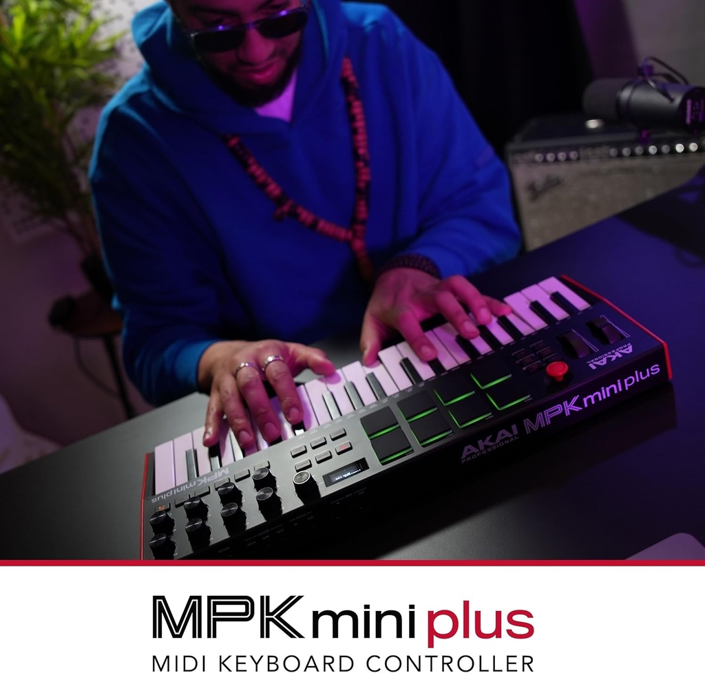 Akai Professional MPK Mini Plus - Controlador de teclado MIDI USB con 37 mini teclas, 8 almohadillas MPC, secuenciador, E/S MIDI/CV/puerta 