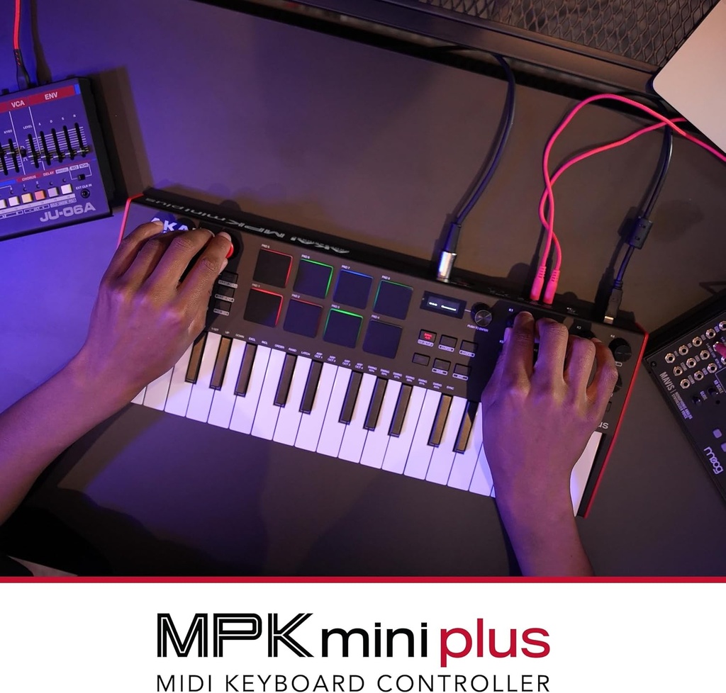 Akai Professional MPK Mini Plus - Controlador de teclado MIDI USB con 37 mini teclas, 8 almohadillas MPC, secuenciador, E/S MIDI/CV/puerta 