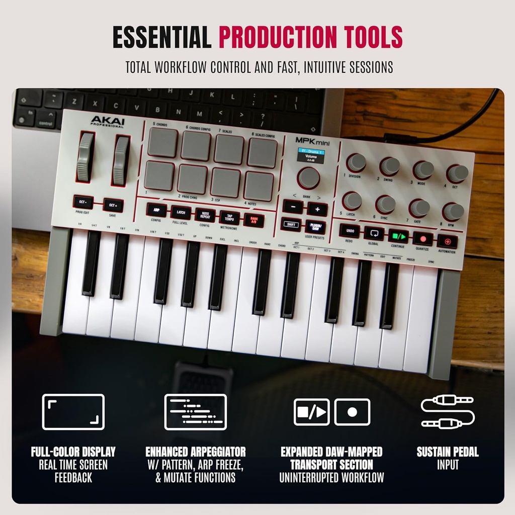 Akai Professional MPK Mini IV USB-C MIDI Controlador de teclado para principiantes y productores - Almohadillas de batería MPC, perillas de 360°, ruedas de tono y mod, software de lecciones y producción de música con más de 1000 sonidos, gris 