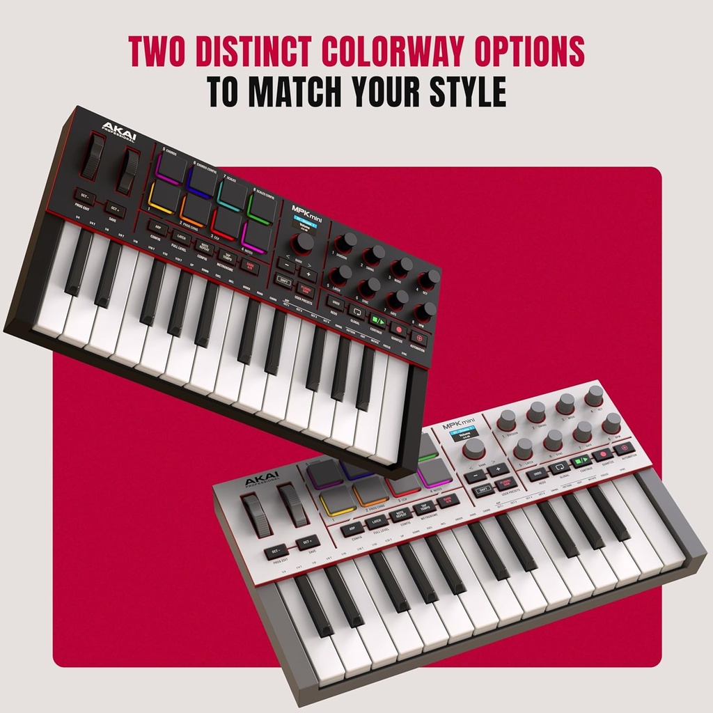 Akai Professional MPK Mini IV USB-C MIDI Controlador de teclado para principiantes y productores - Almohadillas de batería MPC, perillas de 360°, ruedas de tono y mod, software de lecciones y producción de música con más de 1000 sonidos, gris 