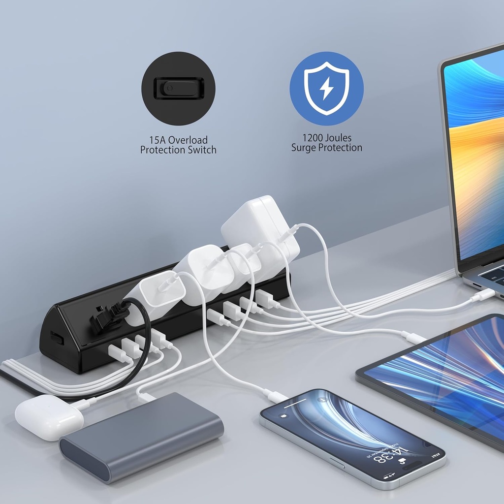 Jgstkcity Regleta de alimentación con abrazadera de escritorio, estación de carga rápida de 45 W, 4 USB-C, 4 USB-A, protector de sobretensiones de montaje en escritorio, cable de extensión de 1875 W 