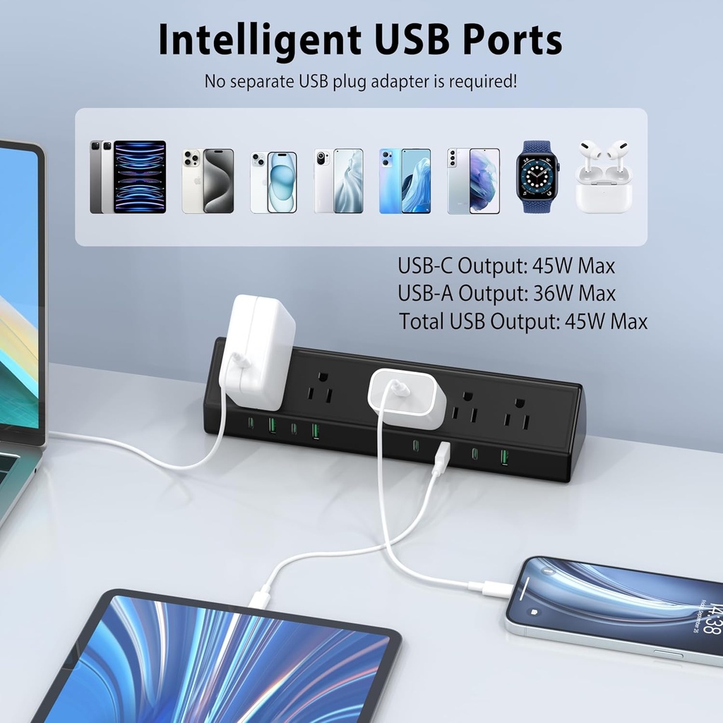 Jgstkcity Regleta de alimentación con abrazadera de escritorio, estación de carga rápida de 45 W, 4 USB-C, 4 USB-A, protector de sobretensiones de montaje en escritorio, cable de extensión de 1875 W 