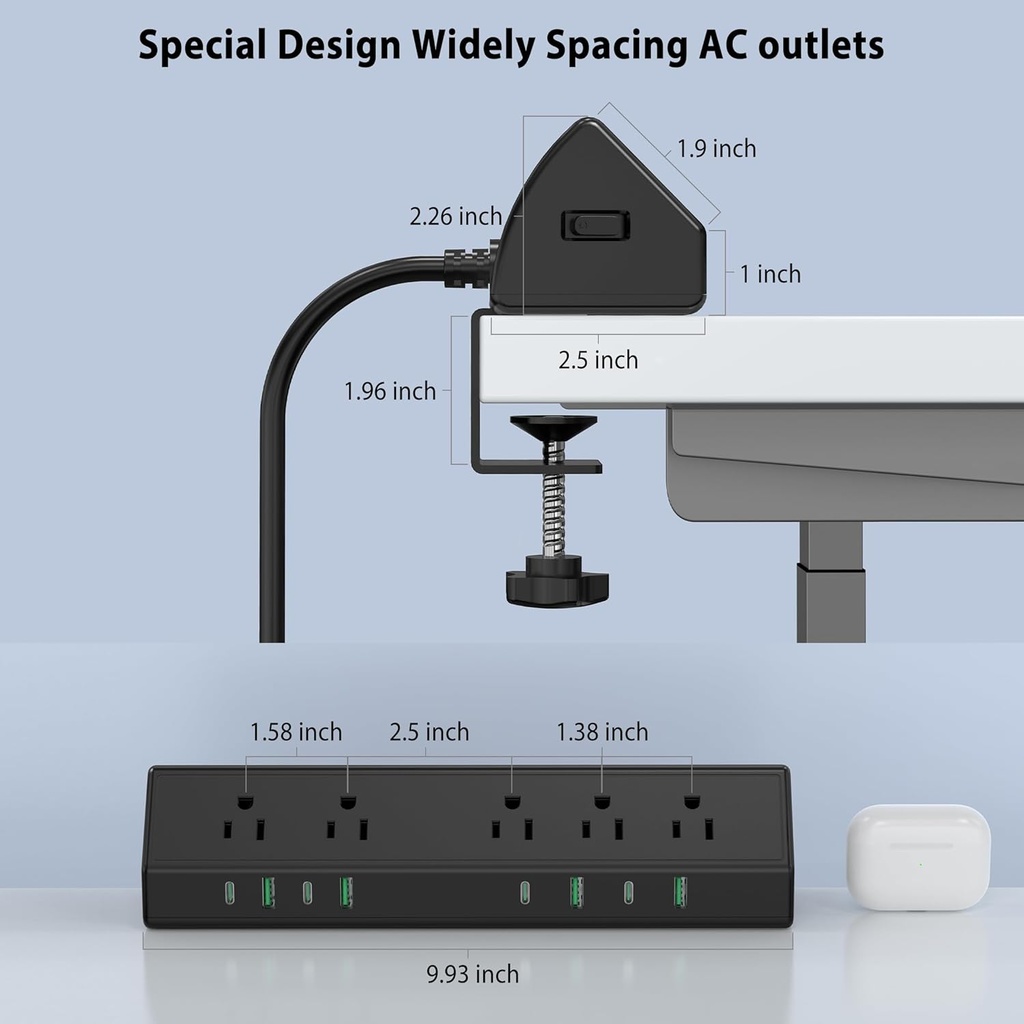 Jgstkcity Regleta de alimentación con abrazadera de escritorio, estación de carga rápida de 45 W, 4 USB-C, 4 USB-A, protector de sobretensiones de montaje en escritorio, cable de extensión de 1875 W 