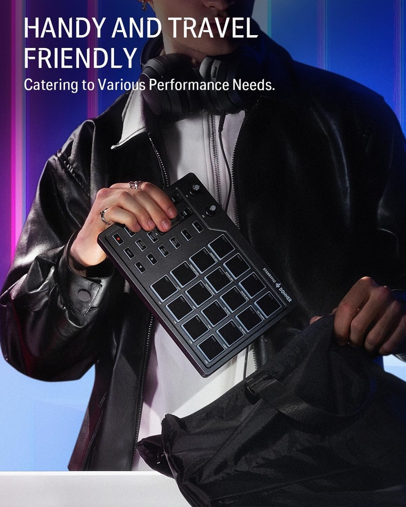 Donner Máquina profesional MIDI Pad Beat Maker, máquina de batería con 16 almohadillas de ritmo, 2 faders y perillas asignables y software de producción de música, controlador MIDI USB con 40 cursos 