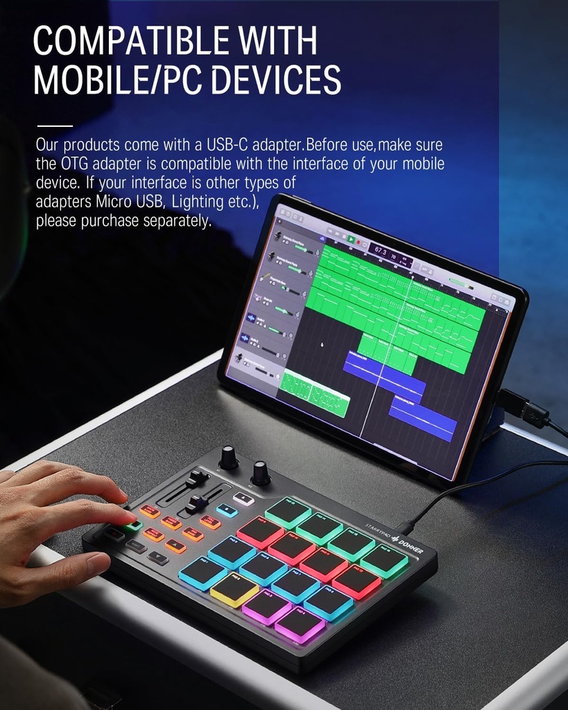 Donner Máquina profesional MIDI Pad Beat Maker, máquina de batería con 16 almohadillas de ritmo, 2 faders y perillas asignables y software de producción de música, controlador MIDI USB con 40 cursos 
