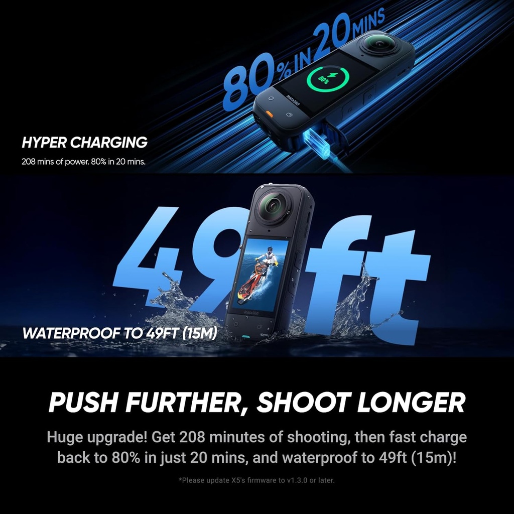 Insta360 X5 Paquete Esencial - Cámara de acción 8K 360° impermeable, líder en poca luz, efecto de palo de selfie invisible, lente resistente y reemplazable, batería de 3 horas