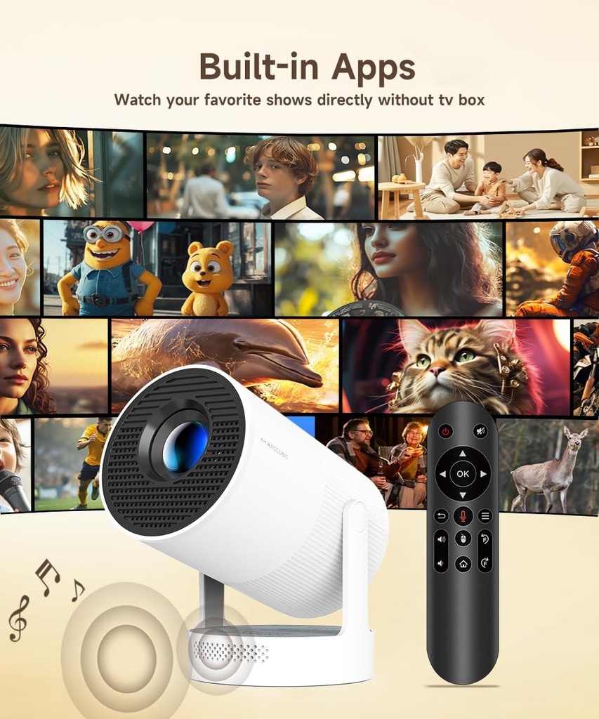 Mini proyector Magcubic compatible con 4K, proyector portátil con WiFi 6 y Bluetooth 5.4, proyector inteligente, altavoz base sonora de 5 W, rotación de 180° para cine en casa