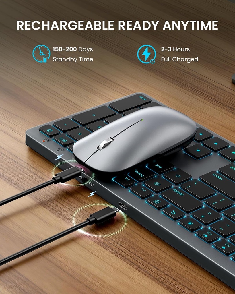 SABLUTE Teclado y mouse Bluetooth para Mac: retroiluminación de 7 colores, multidispositivo, recargable, KMA1pro combo de teclado inalámbrico de tamaño completo con teclas silenciosas de interruptor 