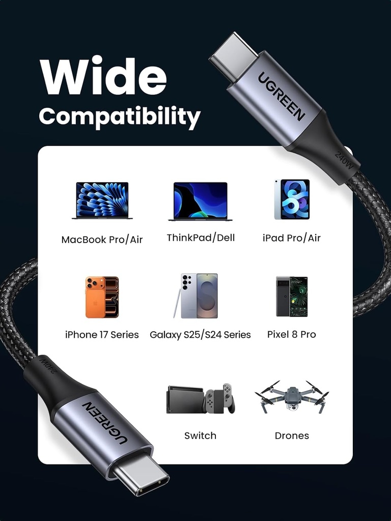 UGREEN Cable USB C a USB C de 240 W, cable USB C de carga rápida para iPhone 17 Pro Max/16, Samsung Galaxy S25/S24, MacBook Pro/Air, iPad Pro/Air/Mini, Dell XPS, 6.6FT 