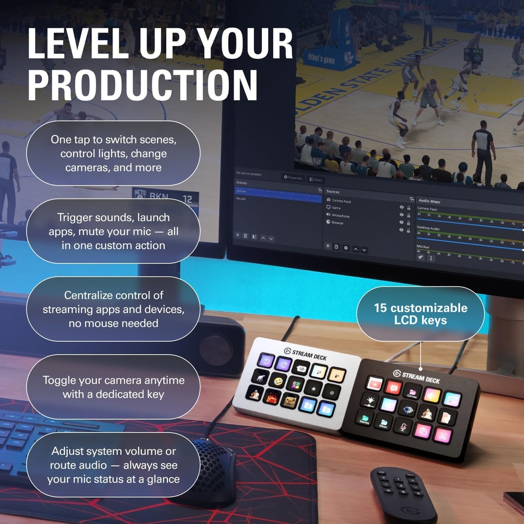  Elgato Stream Deck MK.2 – Controlador de estudio, 15 teclas macro, activa acciones en aplicaciones y software como OBS, Twitch, YouTube y más, funciona con Mac y PC