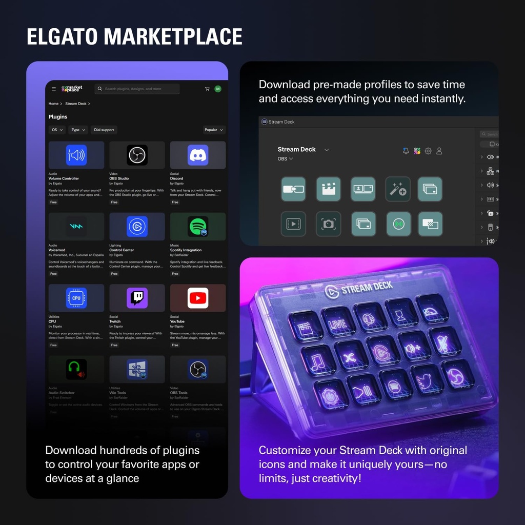  Elgato Stream Deck MK.2 – Controlador de estudio, 15 teclas macro, activa acciones en aplicaciones y software como OBS, Twitch, YouTube y más, funciona con Mac y PC