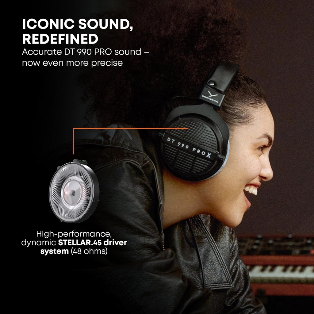 Beyerdynamic DT 990 Pro X - Audífonos de diadema para estudio con cable para mezcla, masterización y edición (abiertos) con cable desmontable, fabricados a mano en Alemania (48 ohmios, negro) 