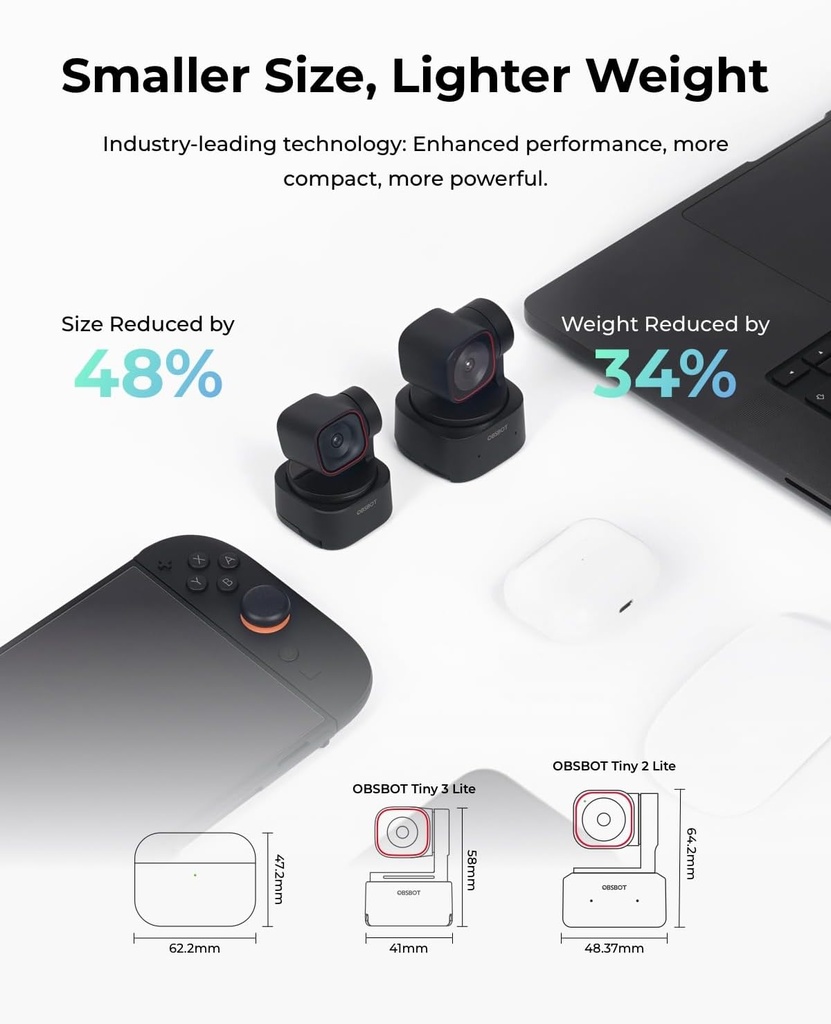 OBSBOT Tiny 3 Lite - Cámara web 4K de audio espacial con IA - Cámara PTZ compacta de seguimiento de IA con sensor de 1/2 pulgada, Tri-Mic, control de voz, 120FPS, HDR, cámara web para PC, Mac, portátil, transmisión, reunión, interruptor 2
