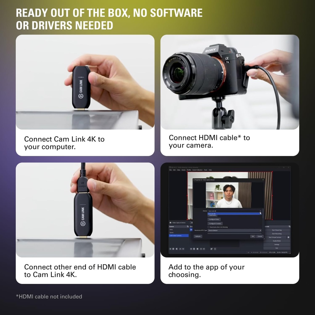 Elgato Cam Link 4K - Tarjeta de captura externa para DSLR y videocámara, ActionCam como cámara web, reunión/transmisión/grabación en 1080p60 o 4K30/4K60, fácil conexión para OBS/Zoom/Discord - HDMI a