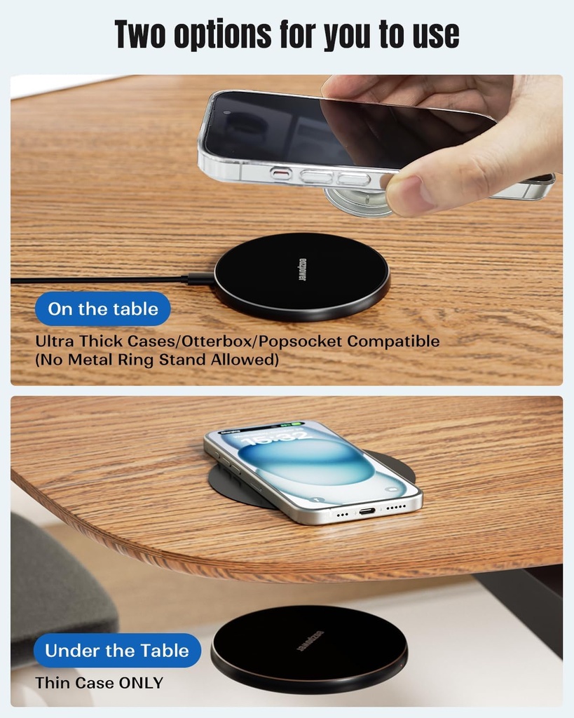 Eazpower Cargador inalámbrico invisible, cargador inalámbrico de 0.000-1.181 in debajo del escritorio, doble uso en o oculto debajo de la mesa de carga para mesita de noche para iPhone 17/17 Pro/17 Pro Max/17 Air/16/15/14/Samsung Phone
