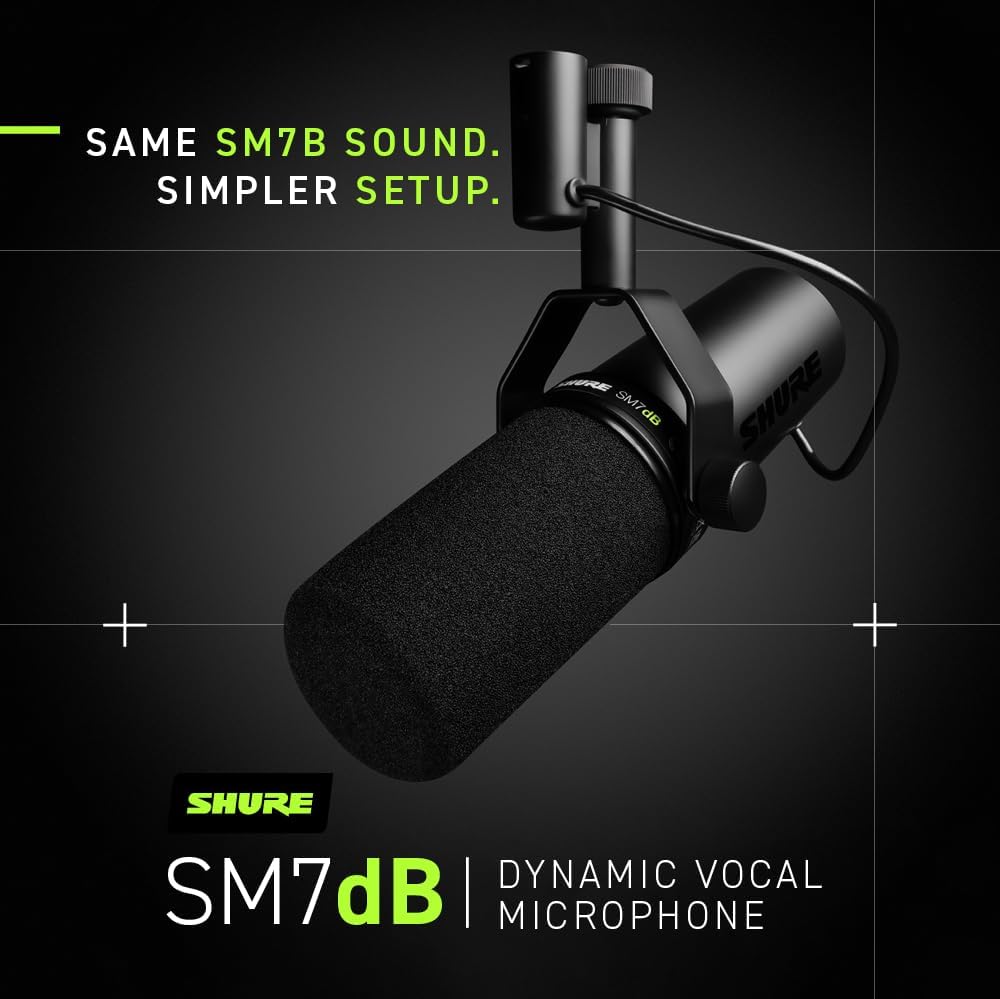 Shure SM7dB - Micrófono vocal dinámico con preamplificador integrado, micrófono de estudio para transmisión, podcasting y grabación, sonido suave, amplio rango de frecuencia, construcción robusta