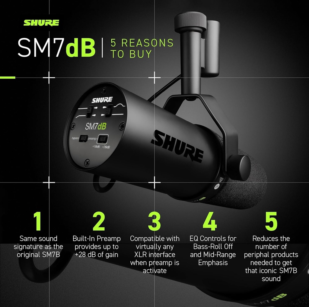 Shure SM7dB - Micrófono vocal dinámico con preamplificador integrado, micrófono de estudio para transmisión, podcasting y grabación, sonido suave, amplio rango de frecuencia, construcción robusta