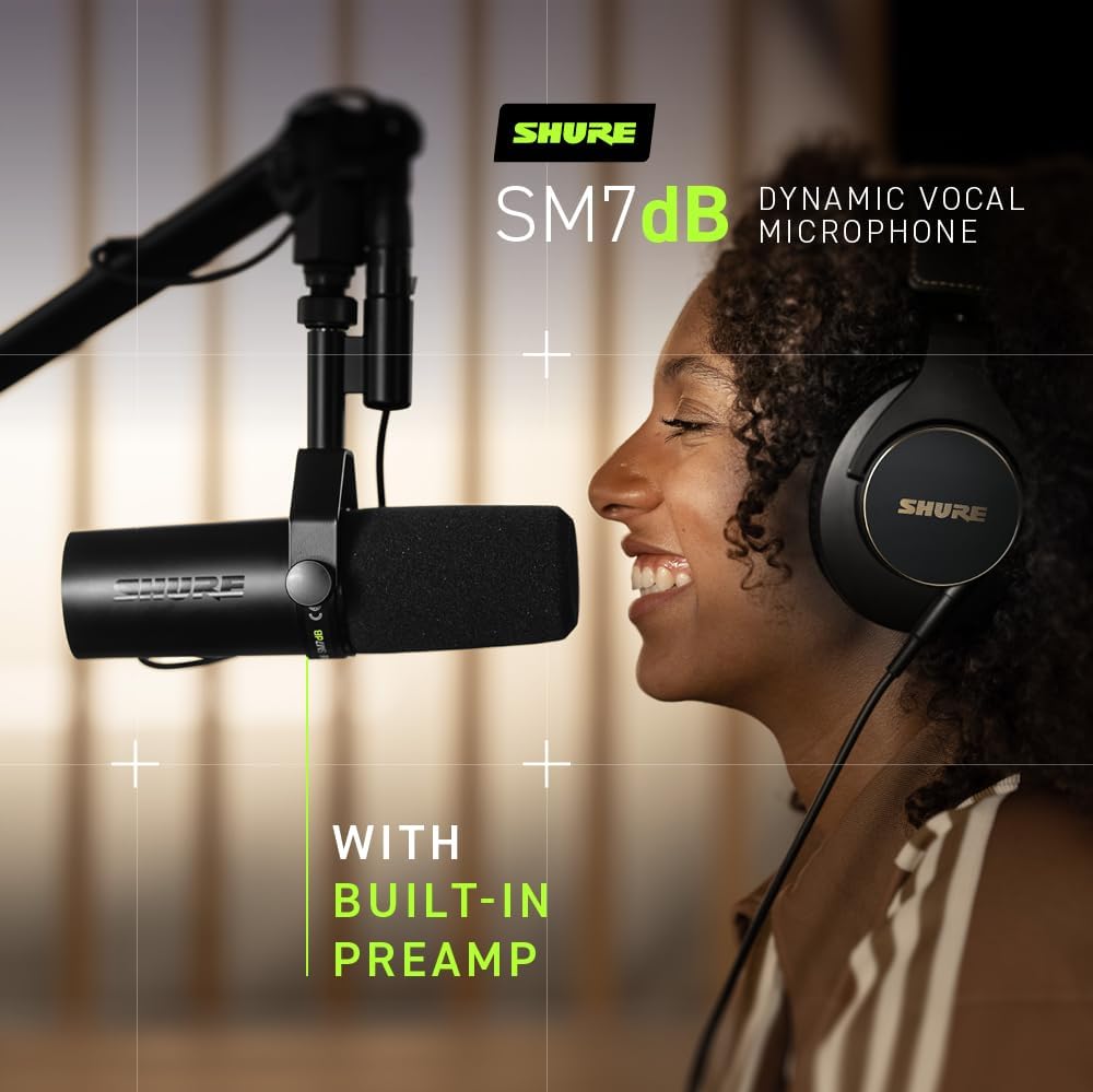 Shure SM7dB - Micrófono vocal dinámico con preamplificador integrado, micrófono de estudio para transmisión, podcasting y grabación, sonido suave, amplio rango de frecuencia, construcción robusta