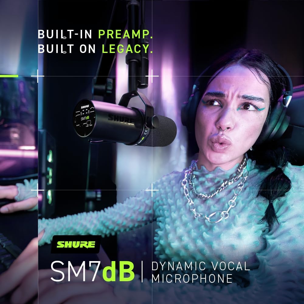 Shure SM7dB - Micrófono vocal dinámico con preamplificador integrado, micrófono de estudio para transmisión, podcasting y grabación, sonido suave, amplio rango de frecuencia, construcción robusta