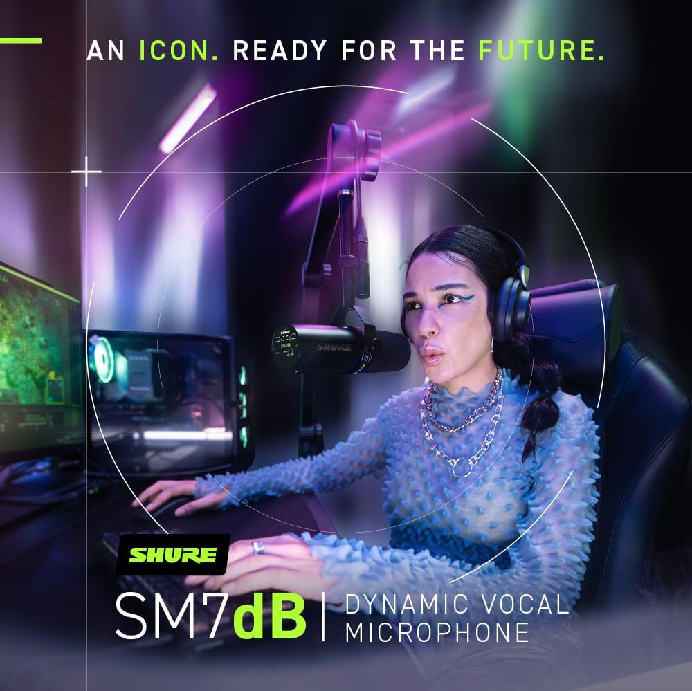 Shure SM7dB - Micrófono vocal dinámico con preamplificador integrado, micrófono de estudio para transmisión, podcasting y grabación, sonido suave, amplio rango de frecuencia, construcción robusta
