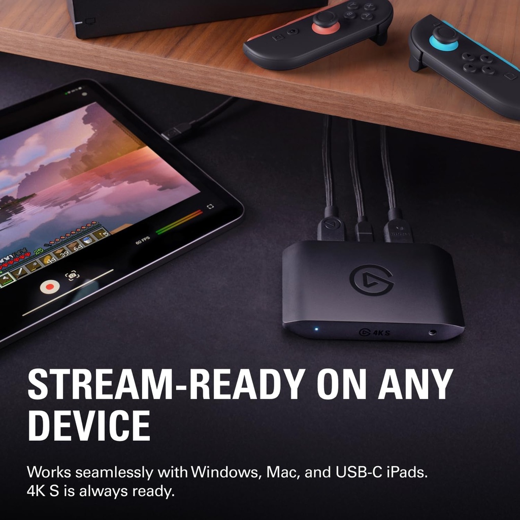 Elgato 4K S – Tarjeta de captura externa para PS5, Xbox Series X/S, Switch 2, PC, Mac, iPad | 4K60, 1440p120, o 1080p240 de paso y captura, HDR10, VRR, USB-C, latencia casi nula