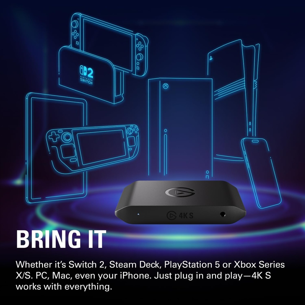 Elgato 4K S – Tarjeta de captura externa para PS5, Xbox Series X/S, Switch 2, PC, Mac, iPad | 4K60, 1440p120, o 1080p240 de paso y captura, HDR10, VRR, USB-C, latencia casi nula