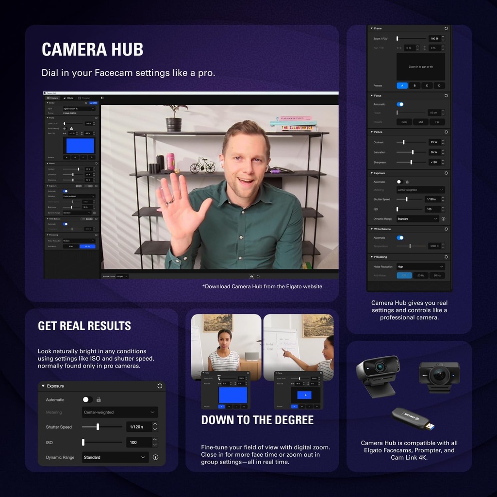Elgato Facecam 4K - Webcam de estudio 4K60, control tipo DSLR, efectos cinematográficos, filtros de lente de 49mm, HDR, video sin comprimir, área de enfoque optimizada | USB-C para PC y Mac