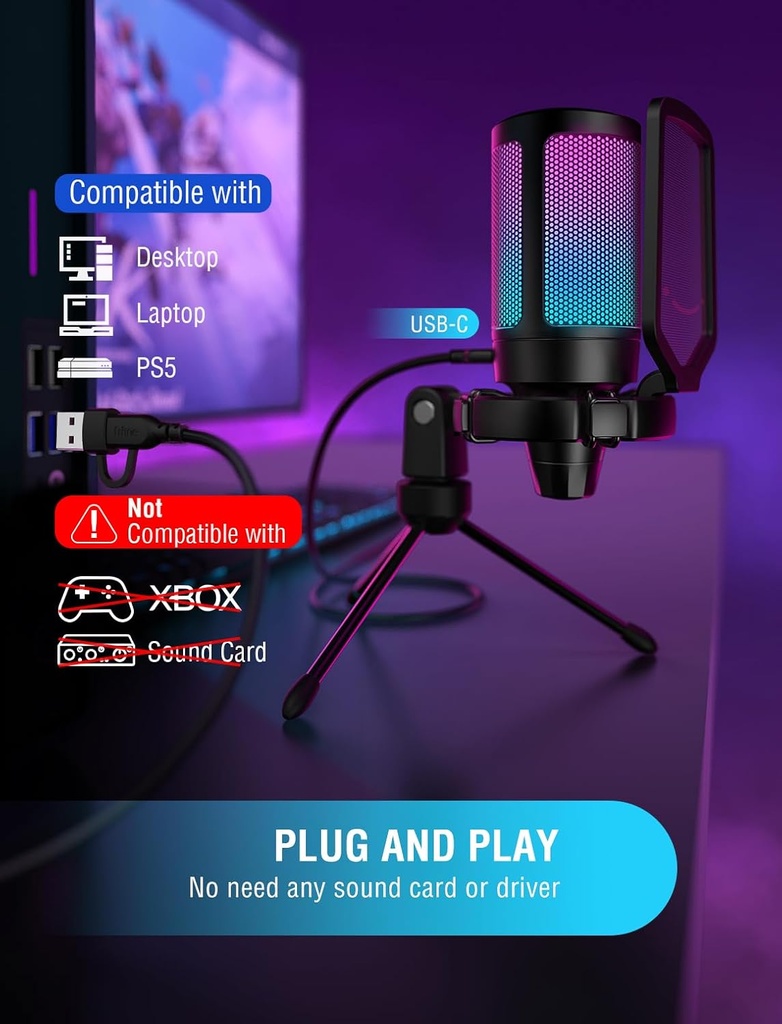 FIFINE Micrófono A6V USB para juegos para PC PS5,micrófono de condensador con silencio rápido.