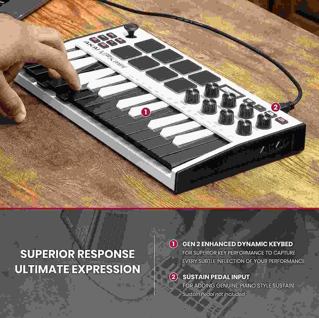 AKAI Professional MPK Mini MK3 - 25 Key USB MIDI Keyboard Controller With 8 Backlit Drum Pads, 8 Knobs and Music Production Software Included (White)