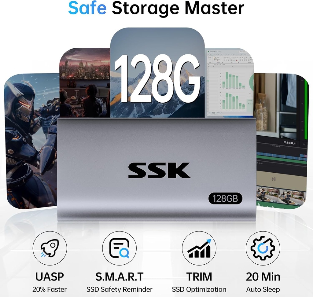 SSK Disco duro externo SSD de 128 GB, SSD portátil de hasta 550 MB/s, unidades de estado sólido rápidas, unidad externa USB 3.2 Gen2 para iPhone 15/Pro, Windows, Mac, Android con luz LED, Trim, Smart