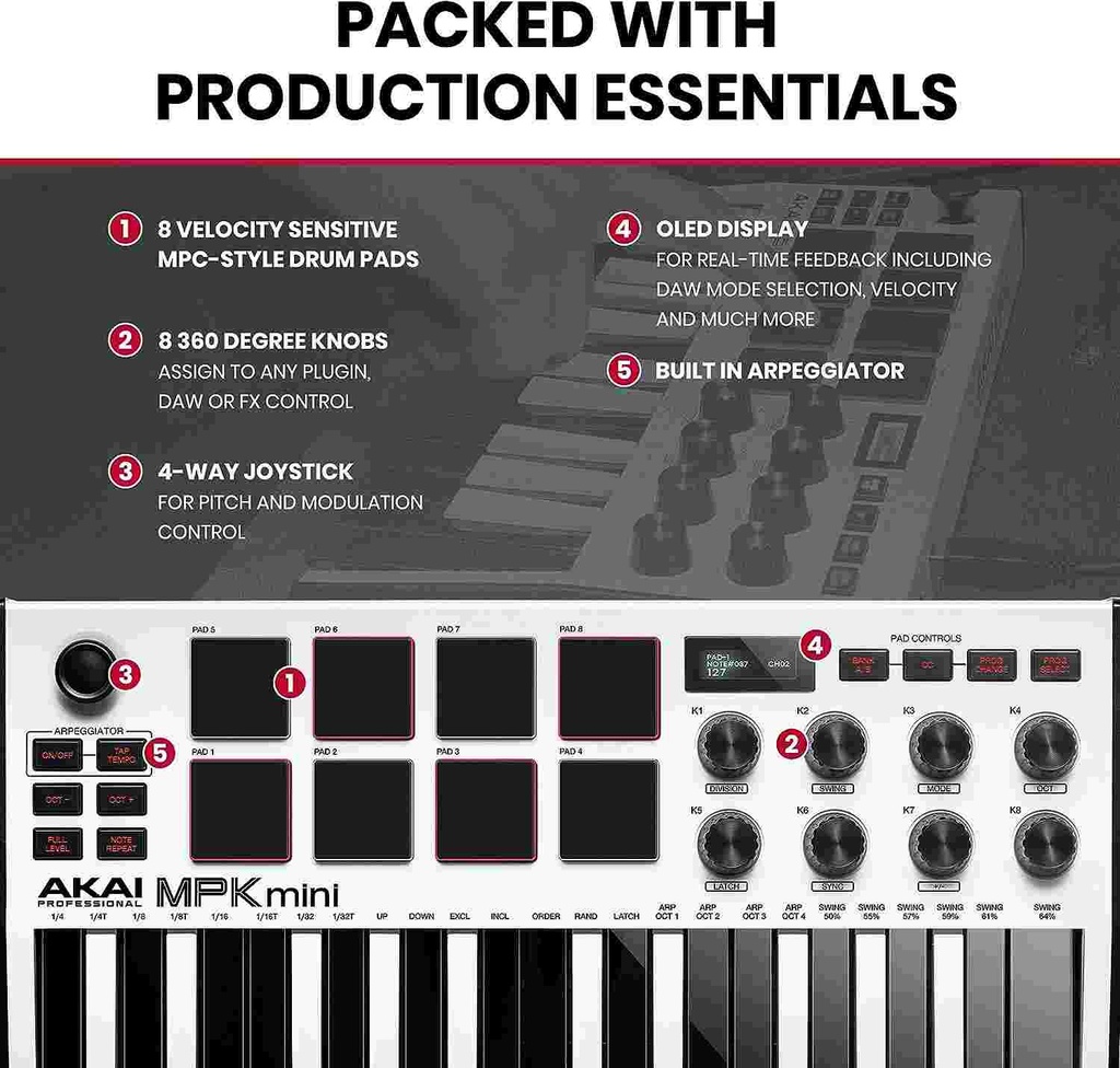 AKAI Professional MPK Mini MK3 - 25 Key USB MIDI Keyboard Controller With 8 Backlit Drum Pads, 8 Knobs and Music Production Software Included (White)