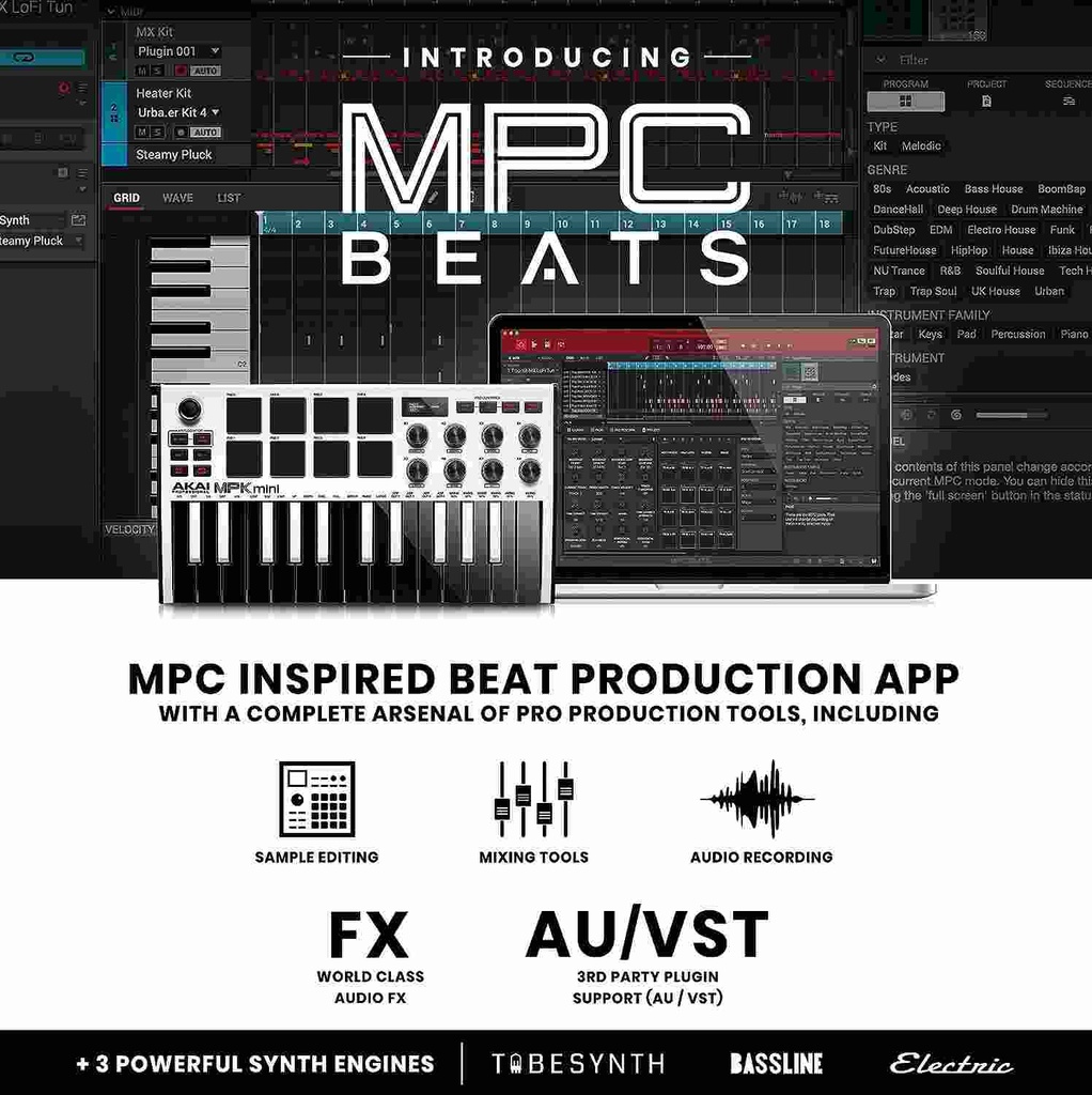 AKAI Professional MPK Mini MK3 - 25 Key USB MIDI Keyboard Controller With 8 Backlit Drum Pads, 8 Knobs and Music Production Software Included (White)