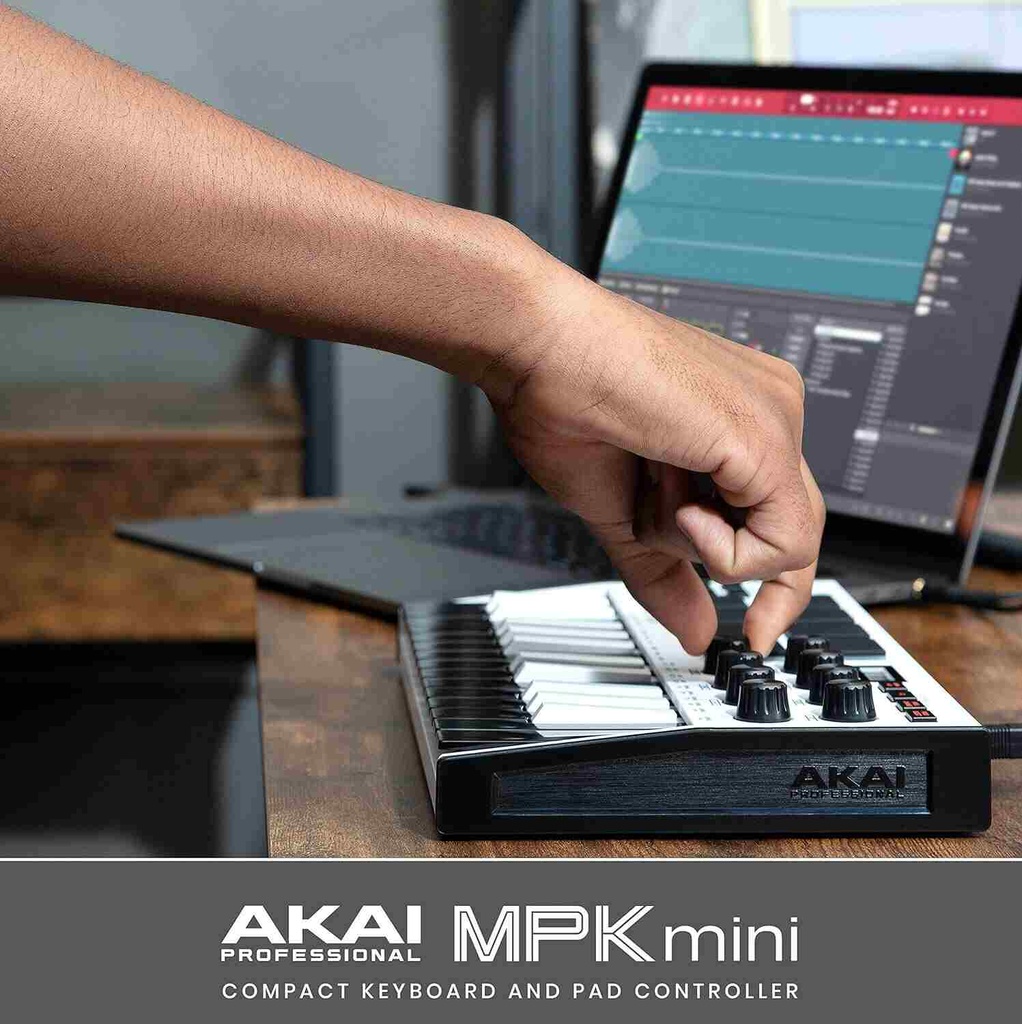 AKAI Professional MPK Mini MK3 - 25 Key USB MIDI Keyboard Controller With 8 Backlit Drum Pads, 8 Knobs and Music Production Software Included (White)