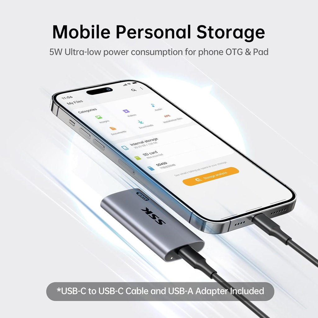 SSK 512GB SSD Disco Duro Externo, SSD Portátil Hasta 550MB/s Unidades de Estado Sólido Externas, USB 3.2 Gen2 para iPhone 15/16 Pro, Win, Mac, Android con Luz LED, Trim, Soporte Inteligente 