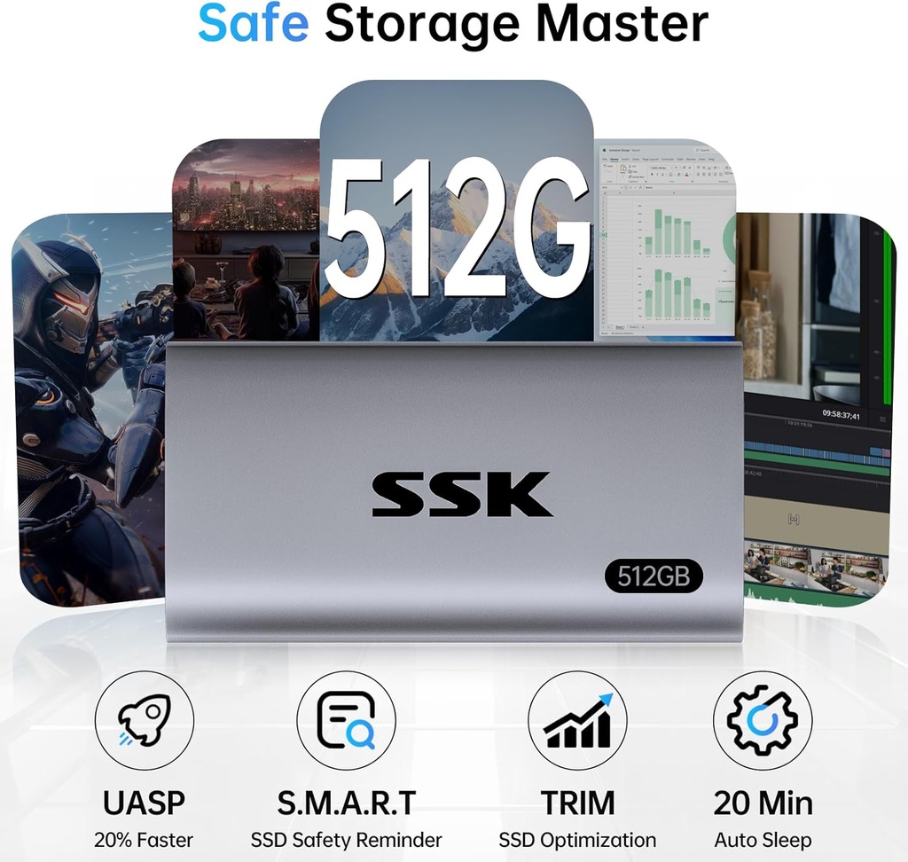 SSK 512GB SSD Disco Duro Externo, SSD Portátil Hasta 550MB/s Unidades de Estado Sólido Externas, USB 3.2 Gen2 para iPhone 15/16 Pro, Win, Mac, Android con Luz LED, Trim, Soporte Inteligente 