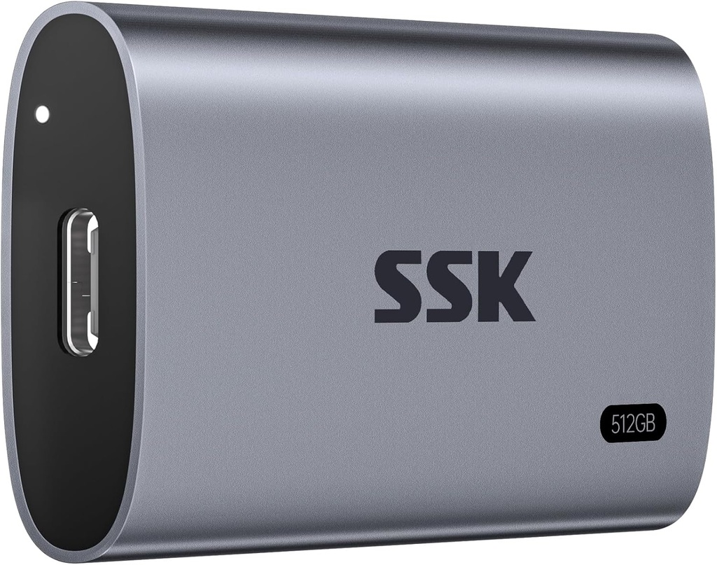 SSK 512GB SSD Disco Duro Externo, SSD Portátil Hasta 550MB/s Unidades de Estado Sólido Externas, USB 3.2 Gen2 para iPhone 15/16 Pro, Win, Mac, Android con Luz LED, Trim, Soporte Inteligente 
