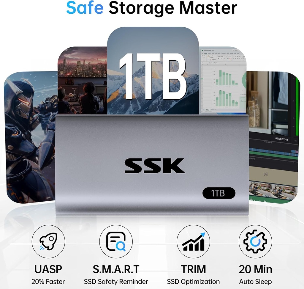 SSK Disco Duro Externo SSD de 1TB, SSD Portátil de Hasta 550MB/s Unidades de Estado Sólido Rápidas, Unidad Externa USB 3.2 Gen2 para iPhone 15/Pro, Windows, Mac, Android con Luz LED, Trim, Smart