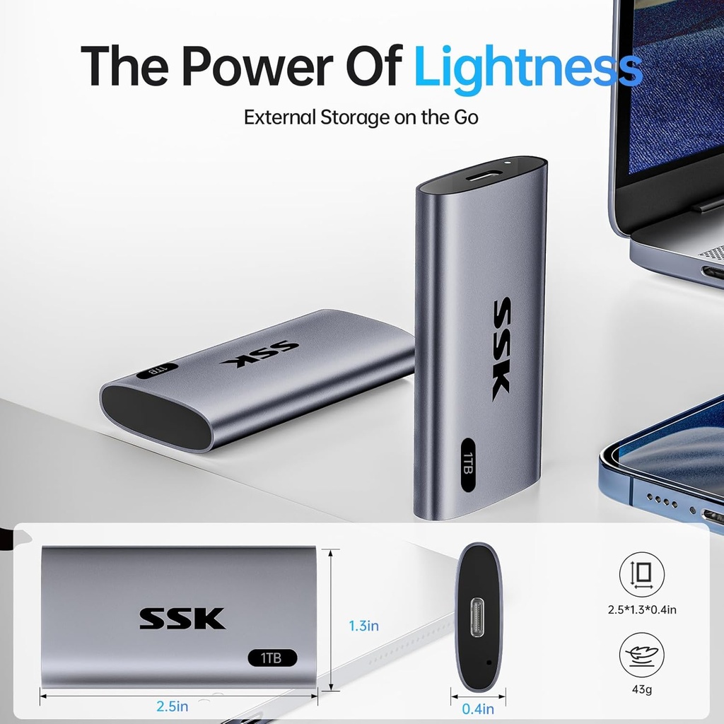 SSK Disco Duro Externo SSD de 1TB, SSD Portátil de Hasta 550MB/s Unidades de Estado Sólido Rápidas, Unidad Externa USB 3.2 Gen2 para iPhone 15/Pro, Windows, Mac, Android con Luz LED, Trim, Smart