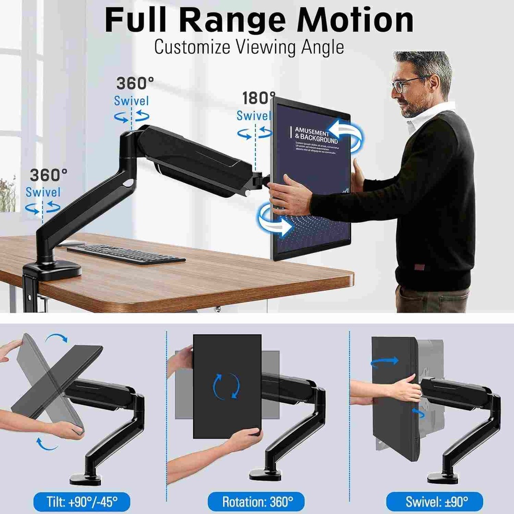 MOUNTUP Single Monitor Desk Mount, Adjustable Gas Spring Monitor Arm Support Max 32 Inch, 4.4-17.6lbs Screen, Computer Monitor Stand Holder with Clamp/Grommet Mounting Base, VESA Mount Bracket, MU0004