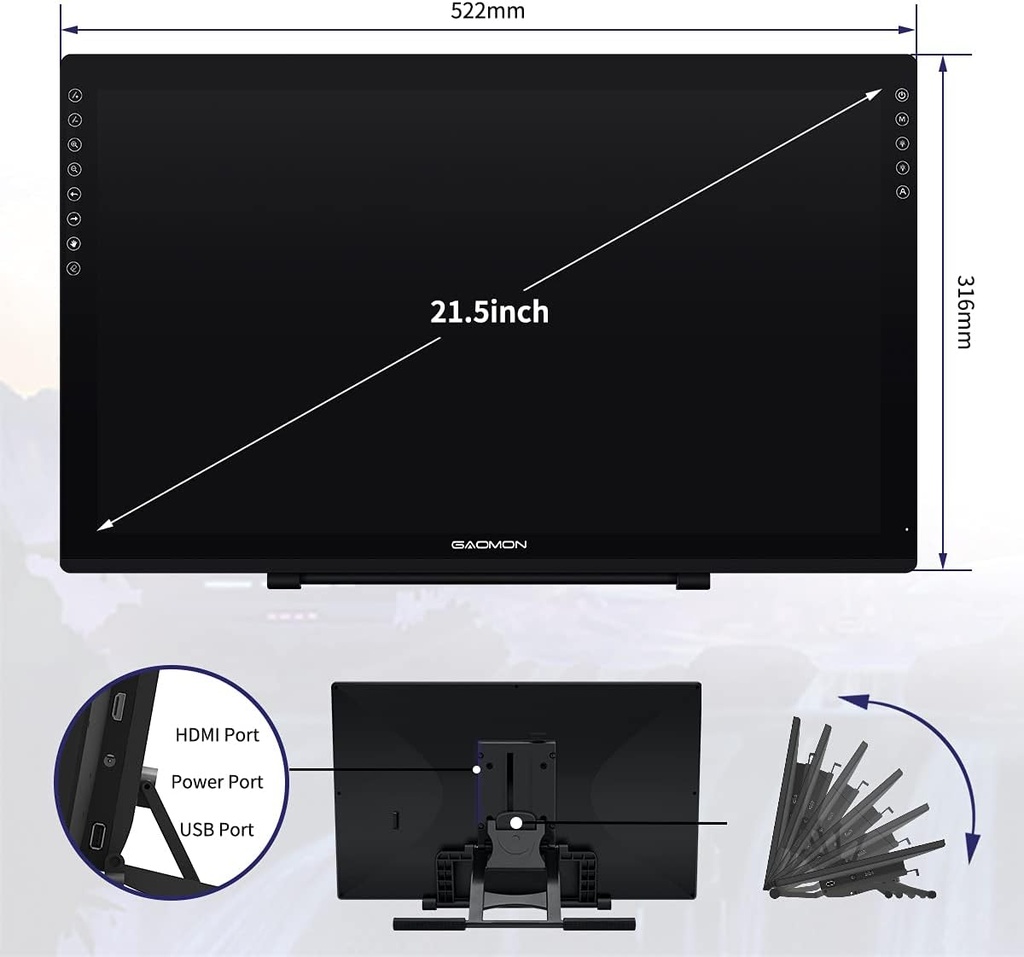 GAOMON PD2200 Tableta de dibujo con pantalla, laminada con 8 botones táctiles, 130% sRGB, tableta gráfica de 21.5