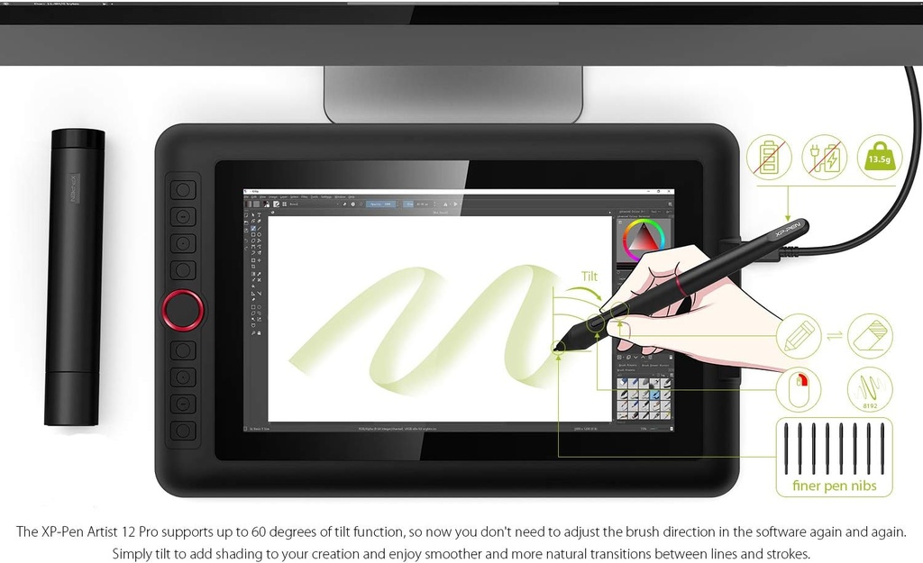 XPPen Artist12 Pro - Tableta de dibujo de 11.6 pulgadas con pantalla para lápiz, tableta gráfica totalmente laminada con función de inclinación, lápiz óptico sin batería y 8 teclas de acceso directo