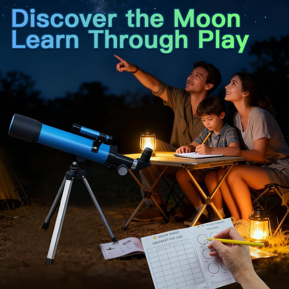Telescopio para niños de 1.969 in, 100 aumentos, telescopio para principiantes con trípode, 2 oculares y alcance de búsqueda, regalo educativo STEM para niños y niñas de 6 a 12 años, telescopio portátil para niños para astronomía 