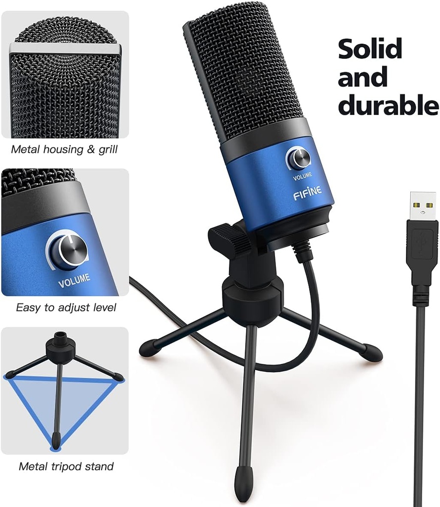 Microfono FIFINE K669L USB De Condensador Cardioide Para PC, PS4, Mac - Para Streaming, Podcast, Twitch. (BLUE)
