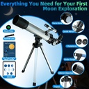 Telescopio para niños de 1.969 in, 100 aumentos, telescopio plateado para principiantes con trípode, 2 oculares, juego de alcance buscador, astronomía educativa STEM, regalo de Navidad para niños y niñas de 6 a 12 años 
