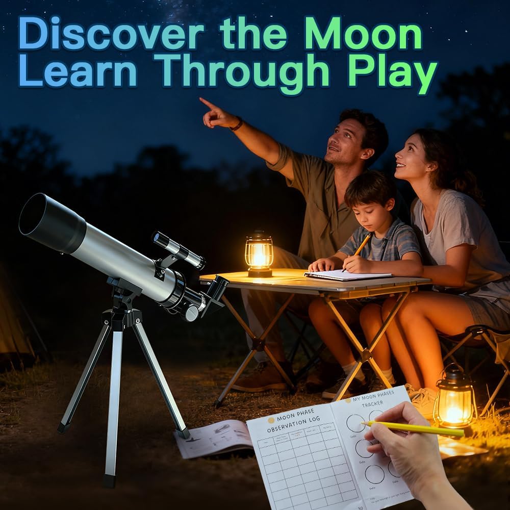 Telescopio para niños de 1.969 in, 100 aumentos, telescopio plateado para principiantes con trípode, 2 oculares, juego de alcance buscador, astronomía educativa STEM, regalo de Navidad para niños y niñas de 6 a 12 años 