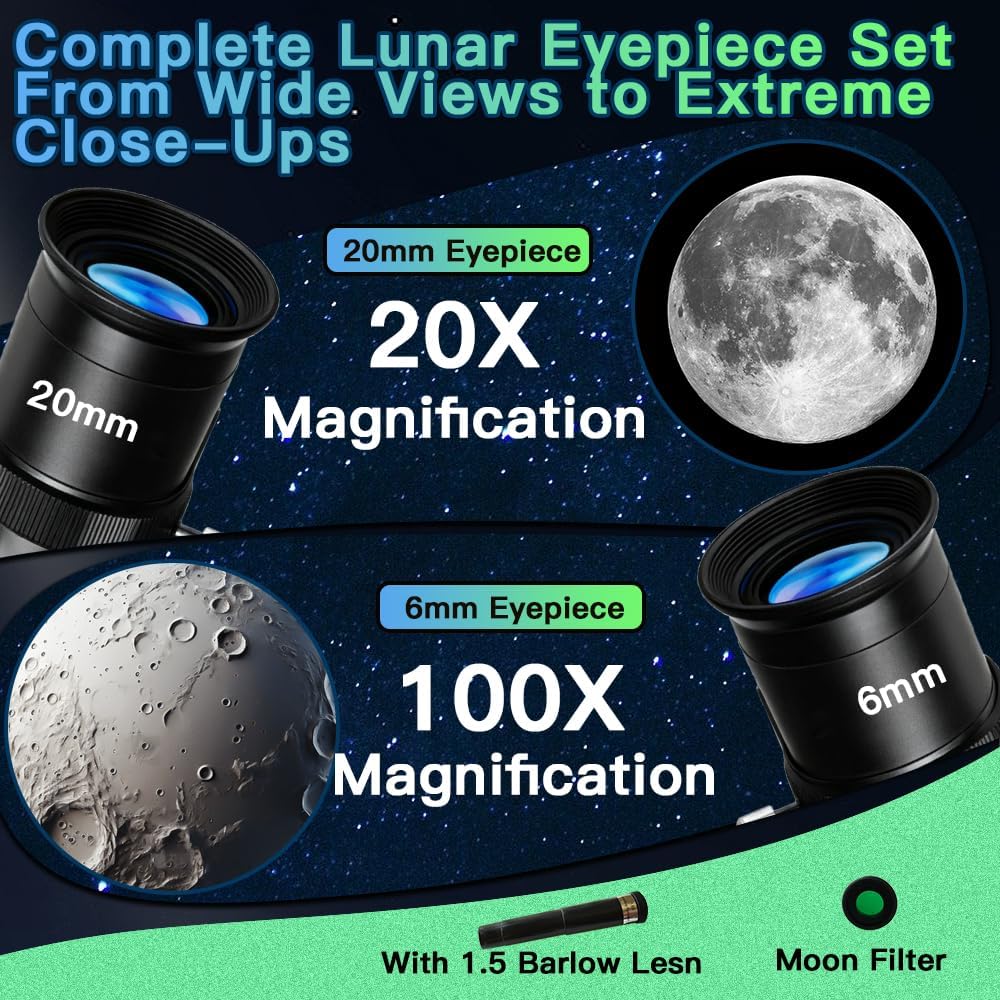 Telescopio para niños de 1.969 in, 100 aumentos, telescopio plateado para principiantes con trípode, 2 oculares, juego de alcance buscador, astronomía educativa STEM, regalo de Navidad para niños y niñas de 6 a 12 años 