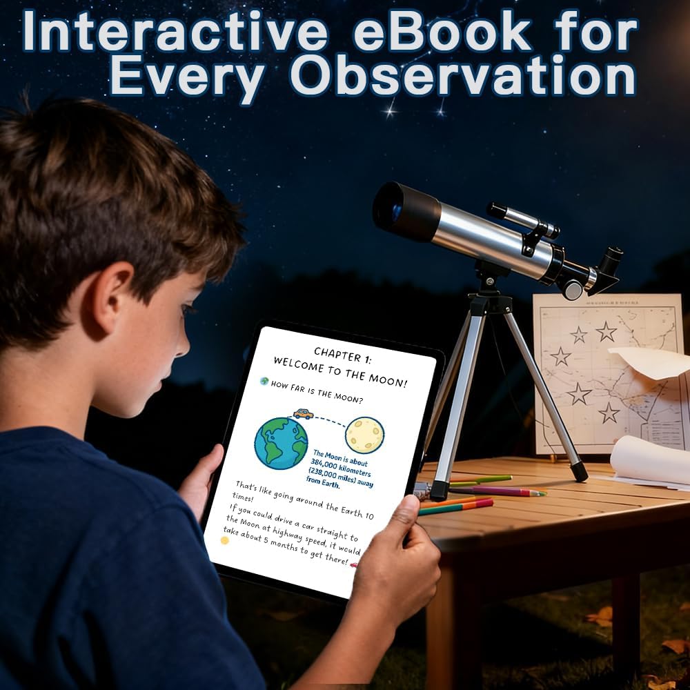 Telescopio para niños de 1.969 in, 100 aumentos, telescopio plateado para principiantes con trípode, 2 oculares, juego de alcance buscador, astronomía educativa STEM, regalo de Navidad para niños y niñas de 6 a 12 años 