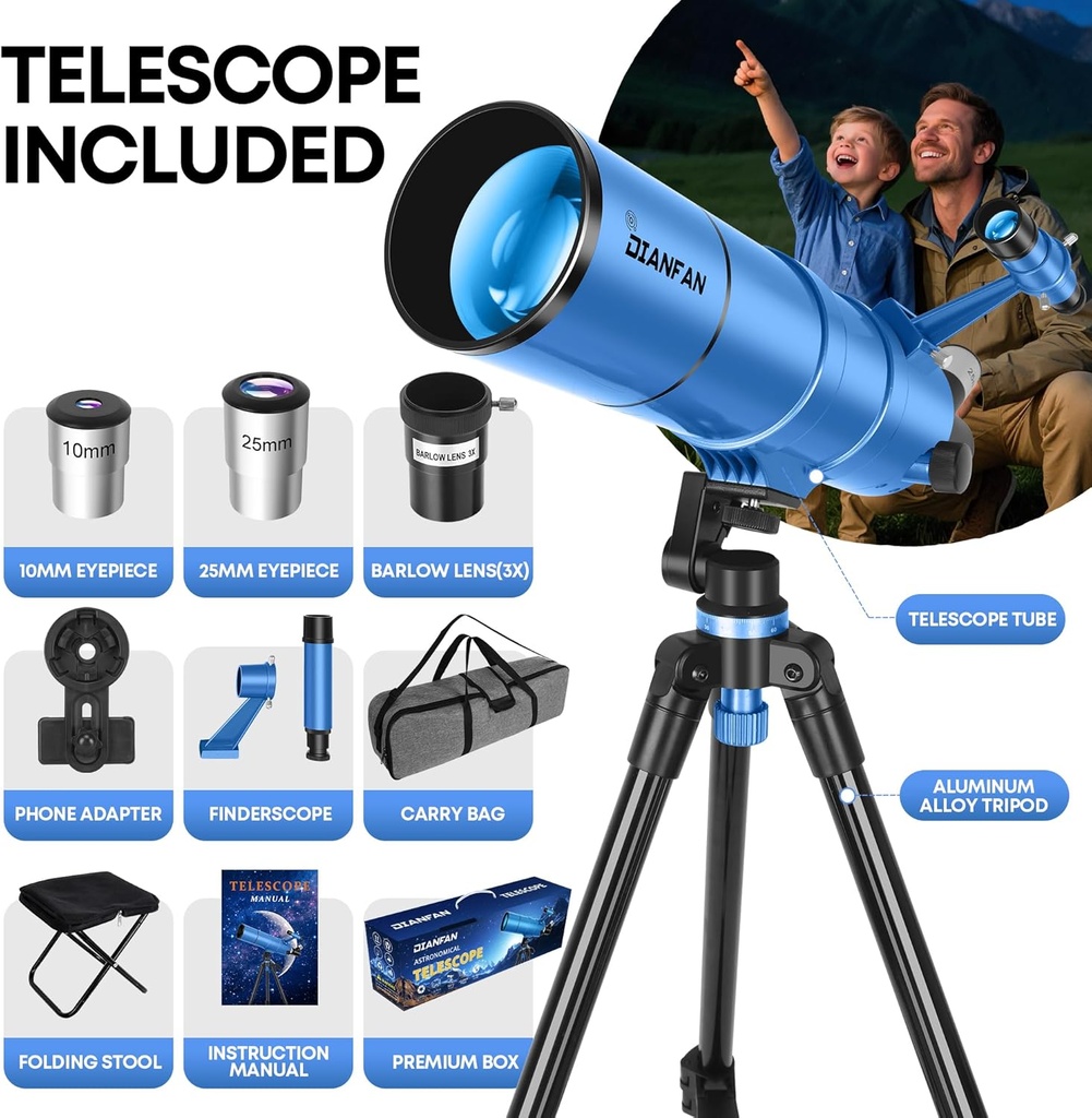 Telescopio para niños y adultos, 3.543 in de apertura, 21.654 in, telescopio astronómico profesional para adultos de alta potencia, telescopios de viaje portátiles para principiantes con 