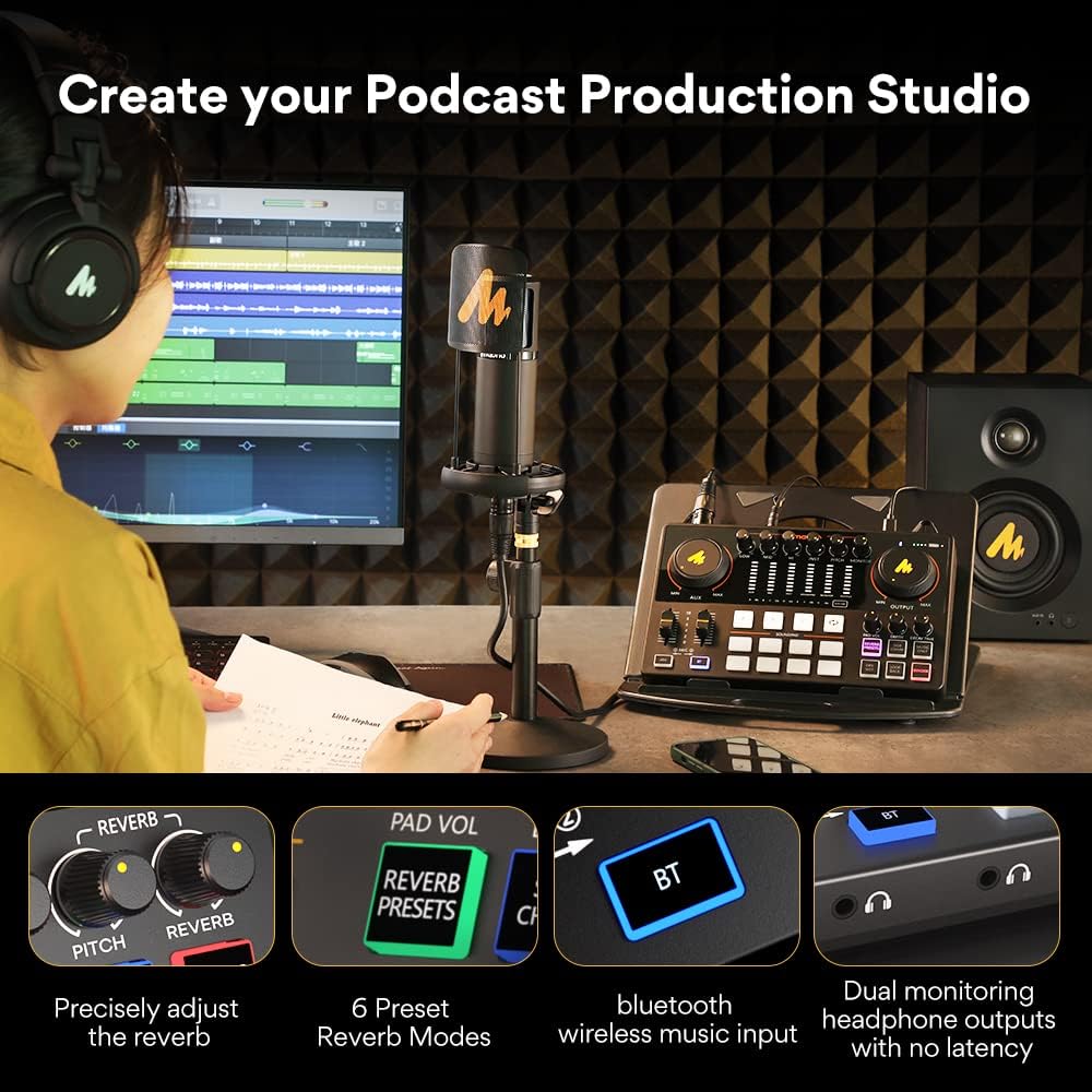 MAONO Paquete de equipo de podcast con interfaz de audio y micrófono de condensador XLR, MaonoCaster con alimentación fantasma de 48 V, Bluetooth para podcast, transmisión, voz en off, youtube, PC 